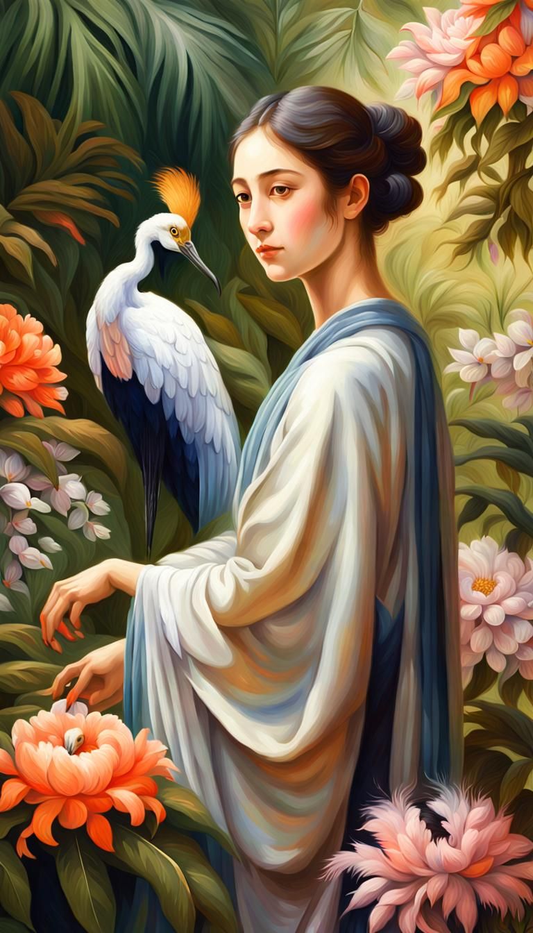 Serenely Standing Oriental Crane in a Neoclassical Garden