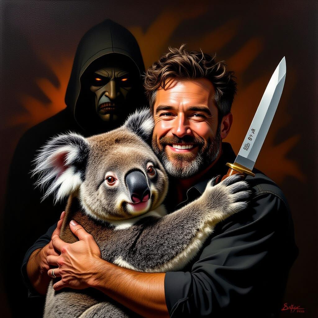Man Embraces Koala Amidst Menacing Shadow