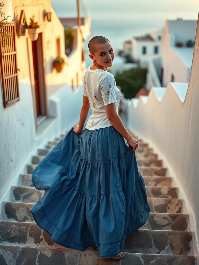 Woman in Blue Skirt Ascending Greek Steps