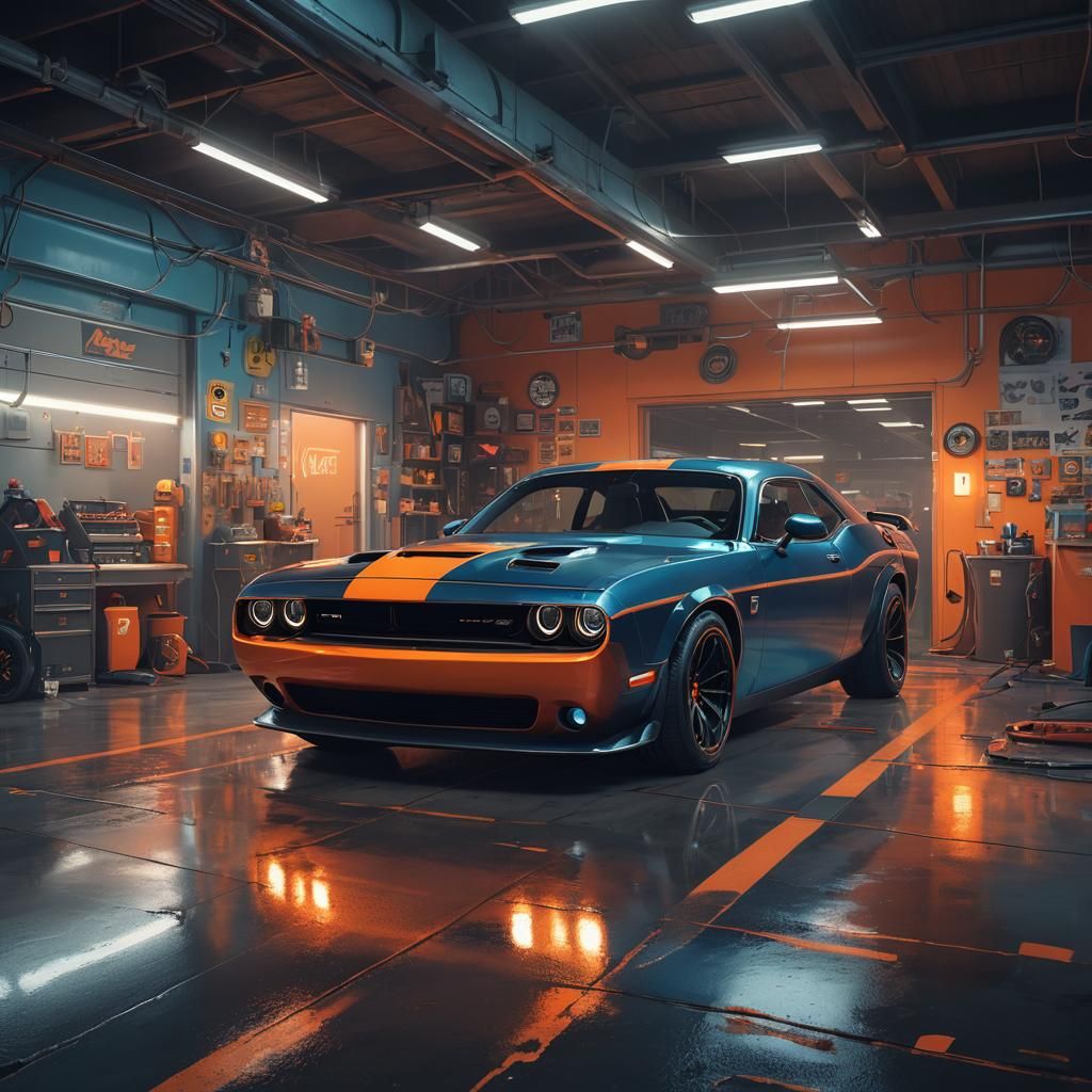 Dodge Challenger Hellcat in Neon Racing Garage