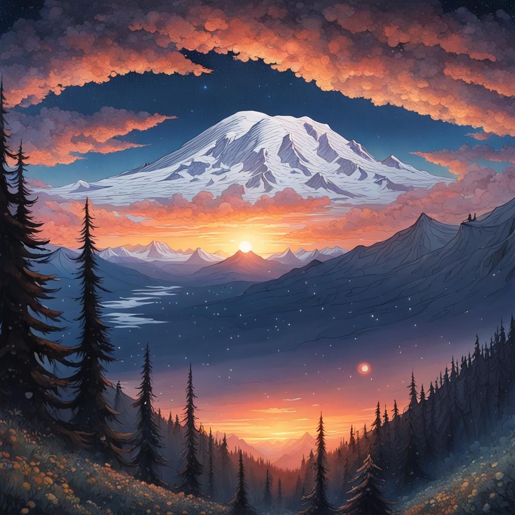 Mount Rainier Sunset: Surreal Digital Illustration