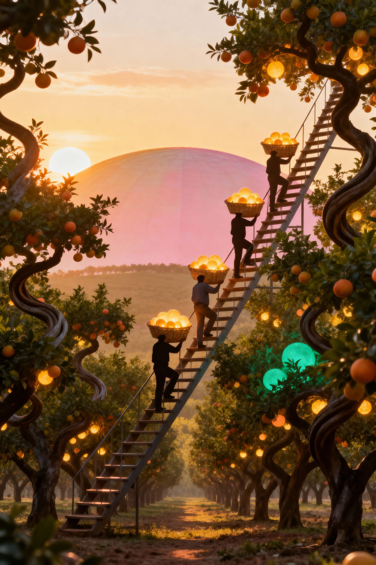 Ascending Orchard Harvested Under Golden Evening Light