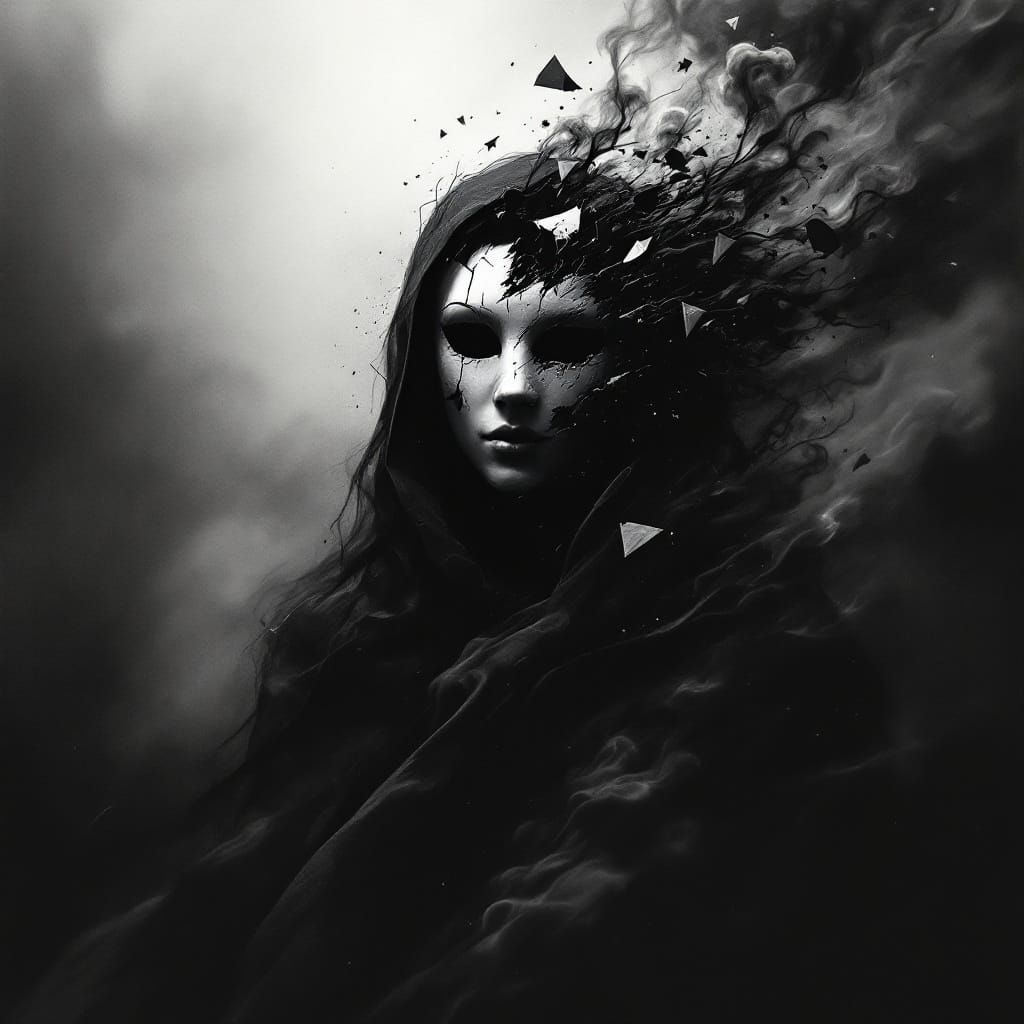 Figure in Shattered Venetian Mask Emerge from Vortex