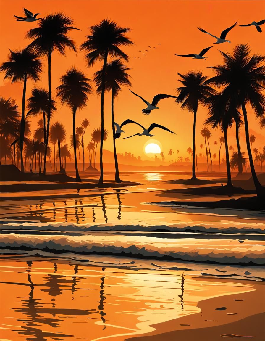 Tranquil Coastal Sunset Digital Painting