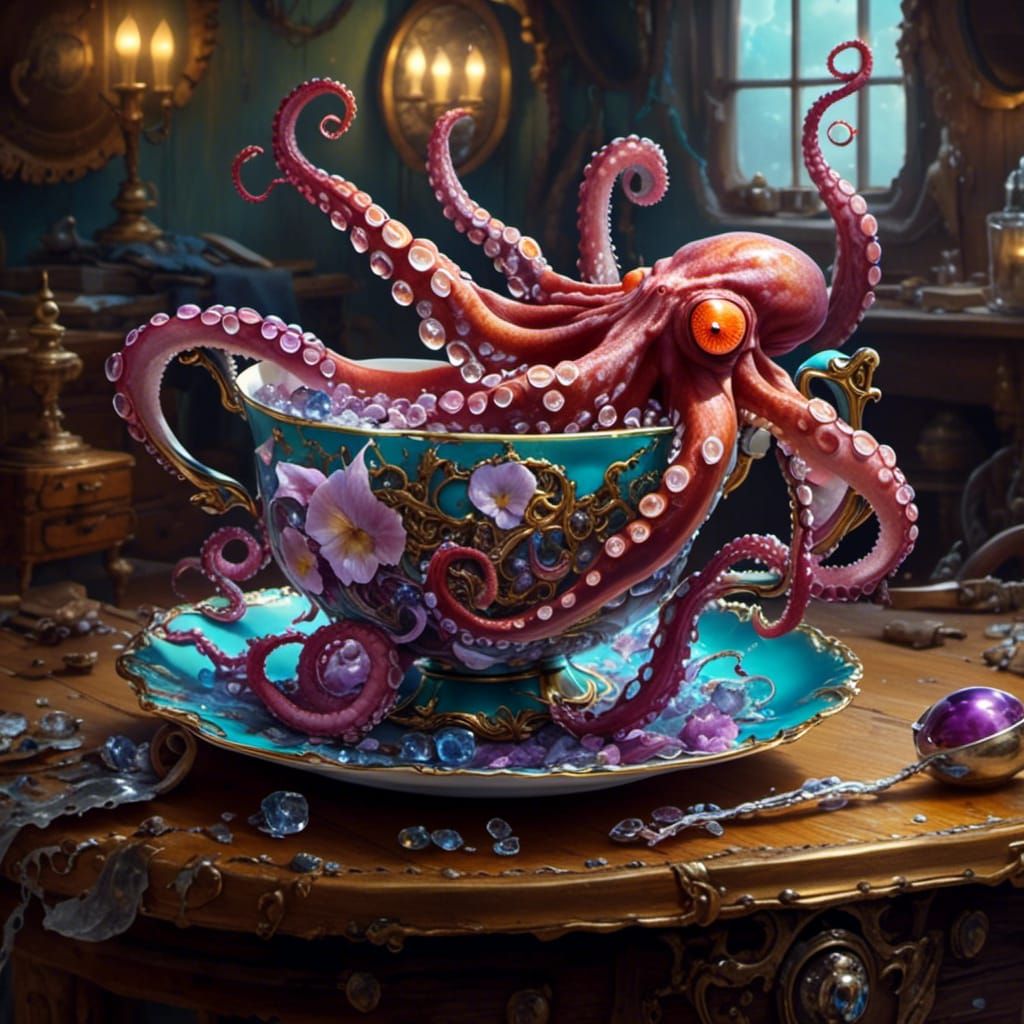 Octopus Tentacles Escape Teacup in Pirate Cabin