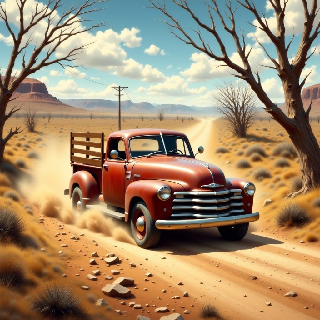 Vintage Pickup Truck on a Dusty Dirt Road in a Hyperreal Lan...
