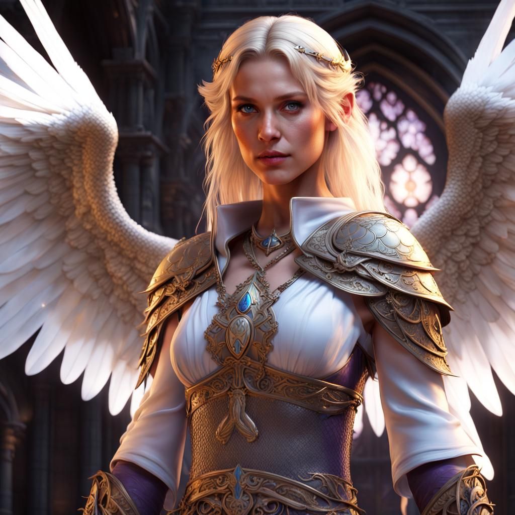 Aasimar Sorceress with White Wings, Digital Art