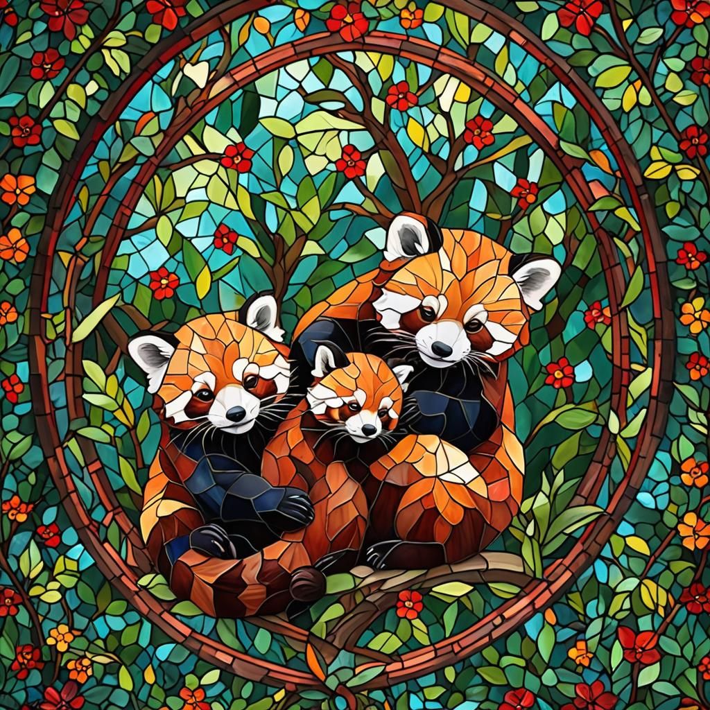Colorful Stained Glass Red Panda Family