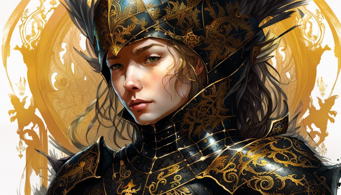 Lady Knight in Black and Gold Armor Concept Art