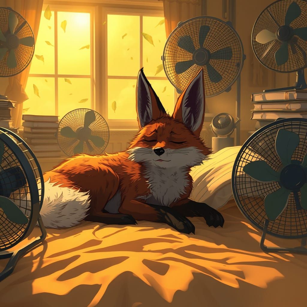 Exhausted Fox Finds Relief in Industrial Fans