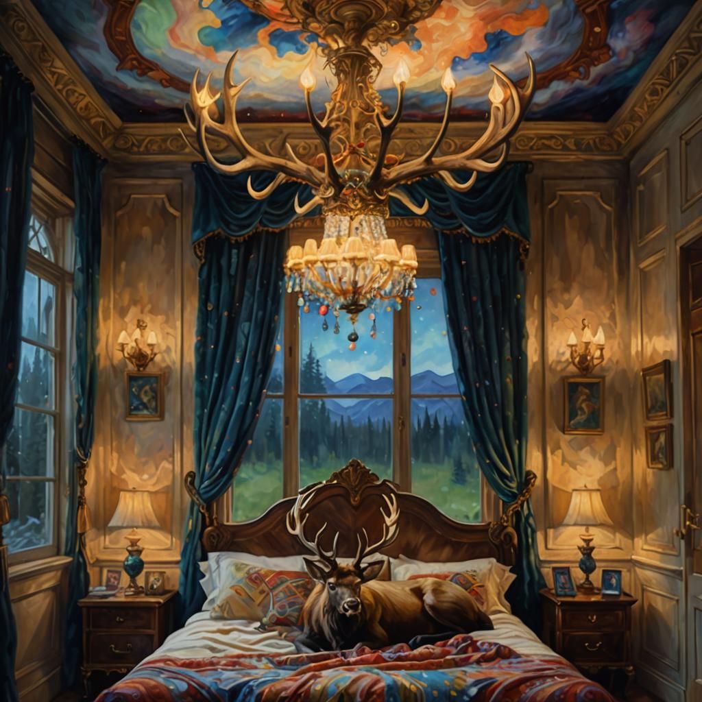 Elk in Guest Room, Klimt-Inspired Oil Painting