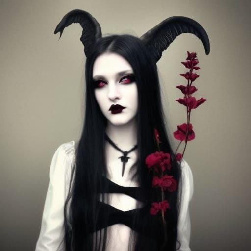 Ethereal Gothic Aries Young lady with Long black hair with Red highlights& Green eyes& Red &black eyeshadow & Black lips...