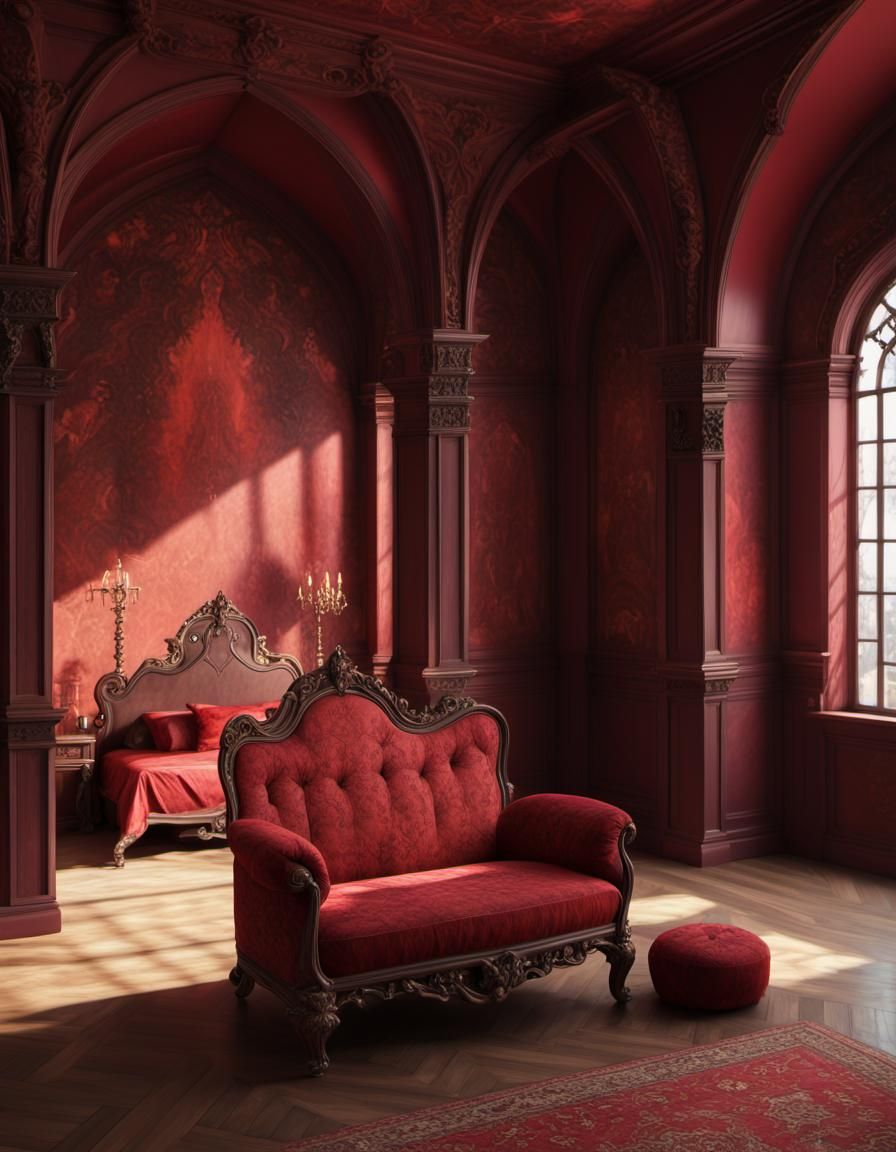 Renaissance Gothic bedroom with red walls and red renaissance Gothic bed& art nouveau rococo architecture detailed matte...