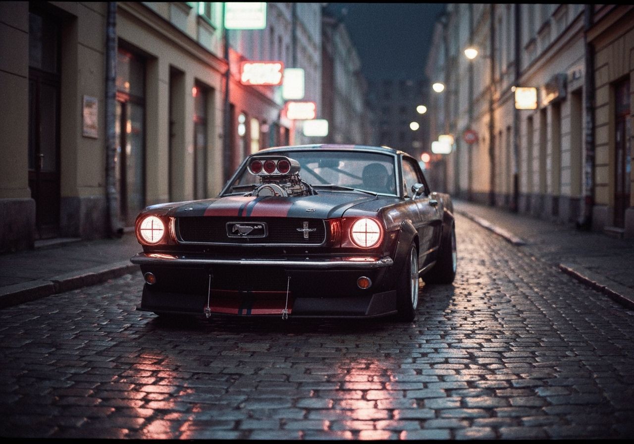 1965 Ford Mustang Speeding Through Gritty City at Night