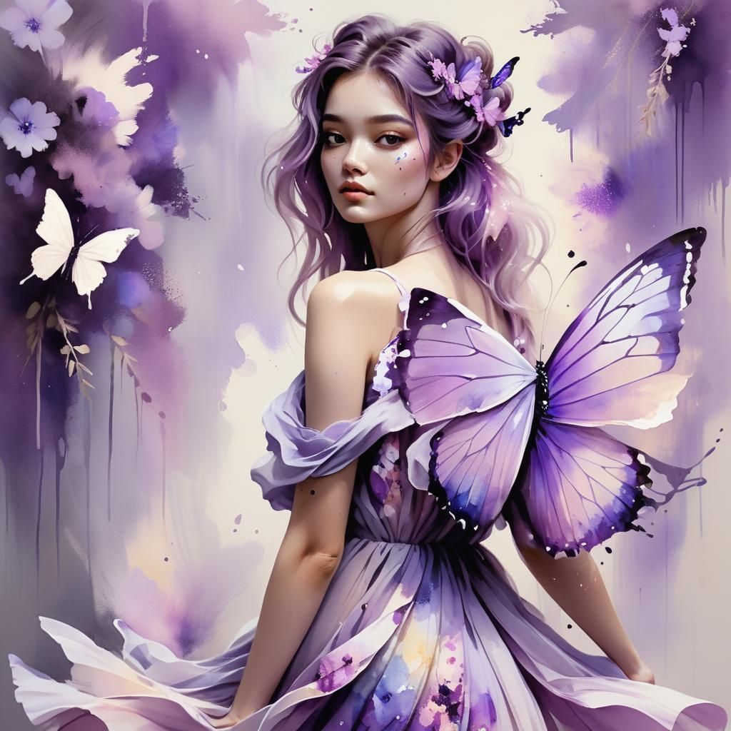Girl with Butterfly in Watercolour Synthwave Style