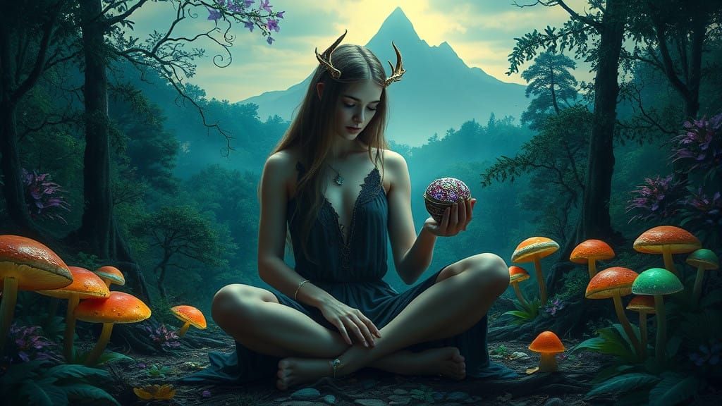 Mystical Woman Contemplates the Warp in a Dreamlike Landscap...