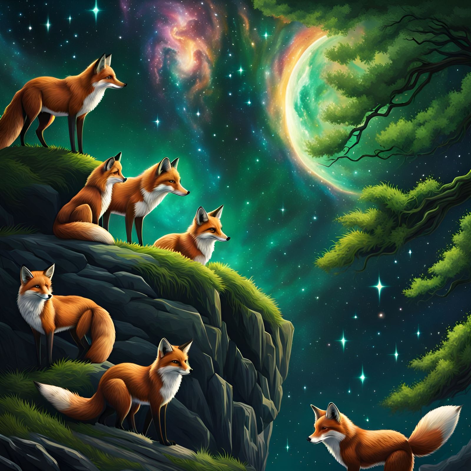 Foxes Under Starry Sky in Splash Art Style