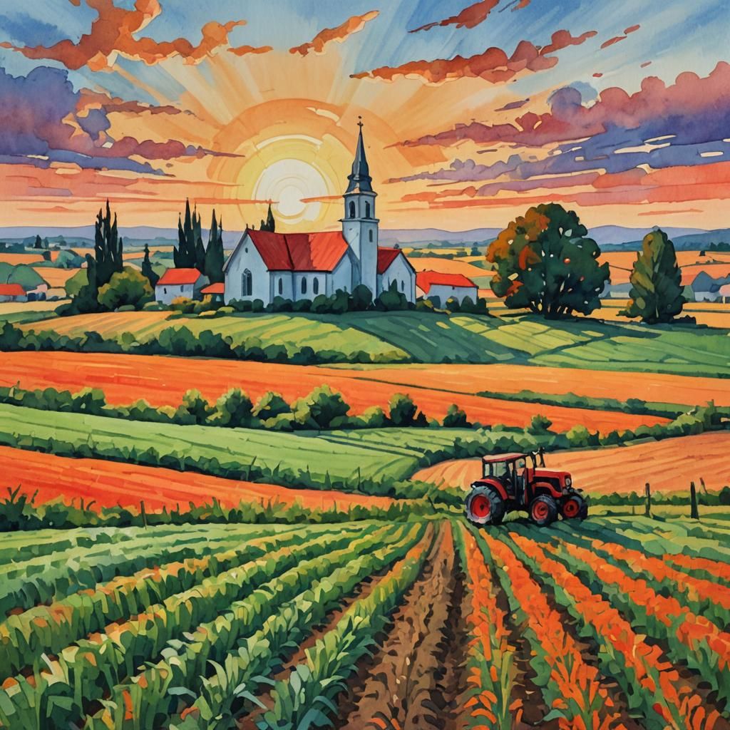 Epic Sunset Tractor in Impressionist Gouache Style