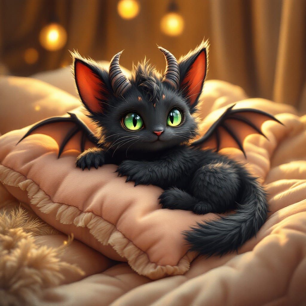 Adorable Cat Dragon Lounging on Pillows in Fantasy Art