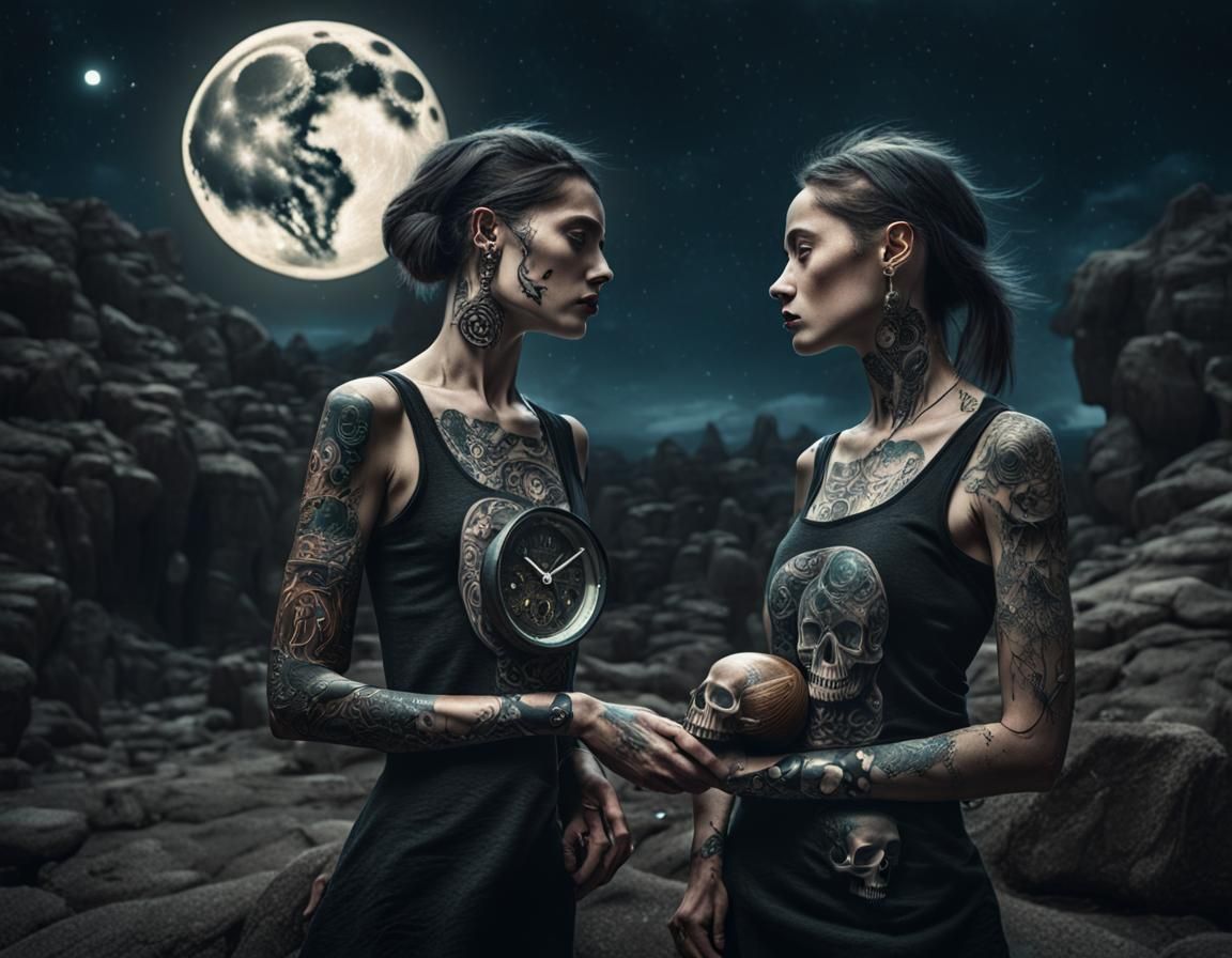 Girl with Biomechanical Tattoos in Surreal Landscape