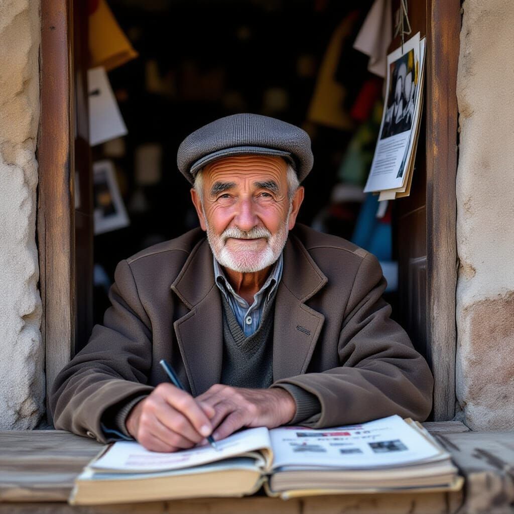 Man Reminiscing Over Old Photos with Tearful Eyes