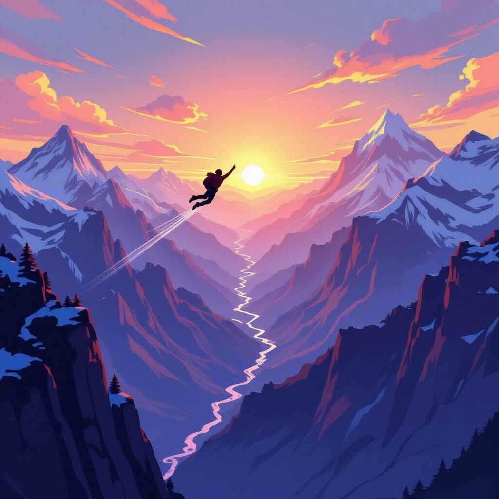 Soaring Over Mountain Peaks in Cartoon Style