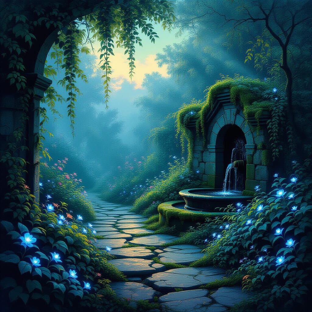 Enchanting Twilight Garden with Bioluminescent Flora