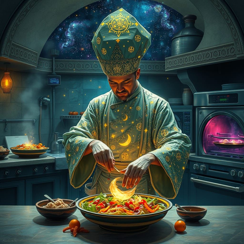 Celestial Chef Crafts Stardust Dishes in Art Nouveau Kitchen