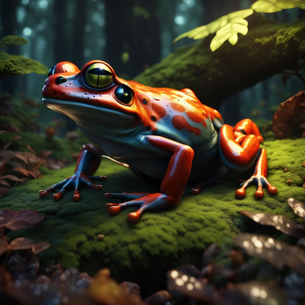 Glowing Frog in Dense Forest: Hyperrealistic 8k Rendering