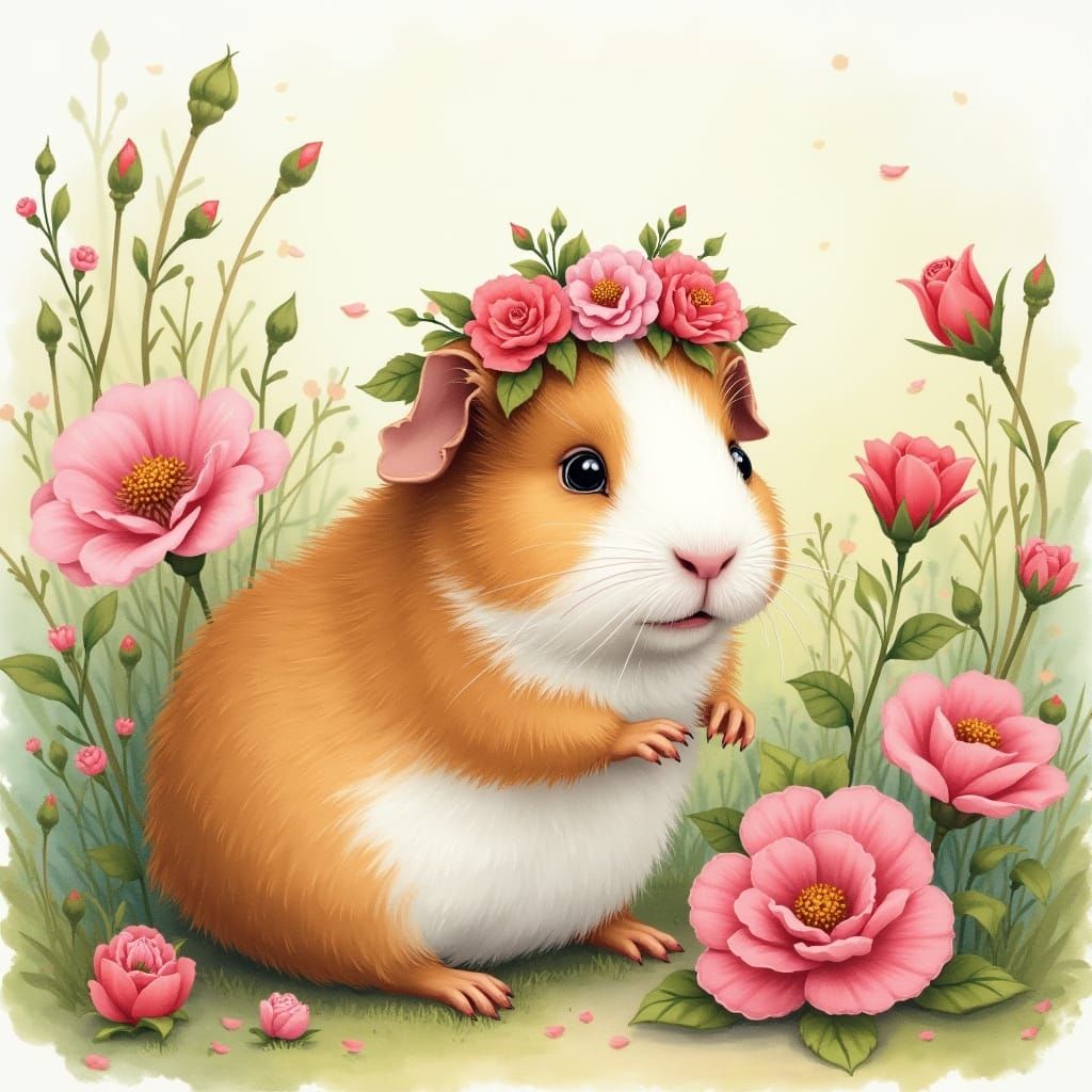 Guinea Pig in Whimsical Garden with Flower Crown