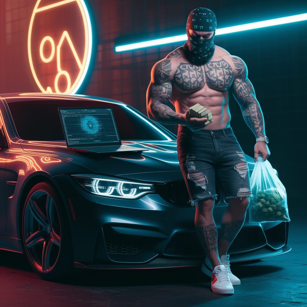 Cyberpunk Man with Runes Tattoos and BMW, Hacker Style