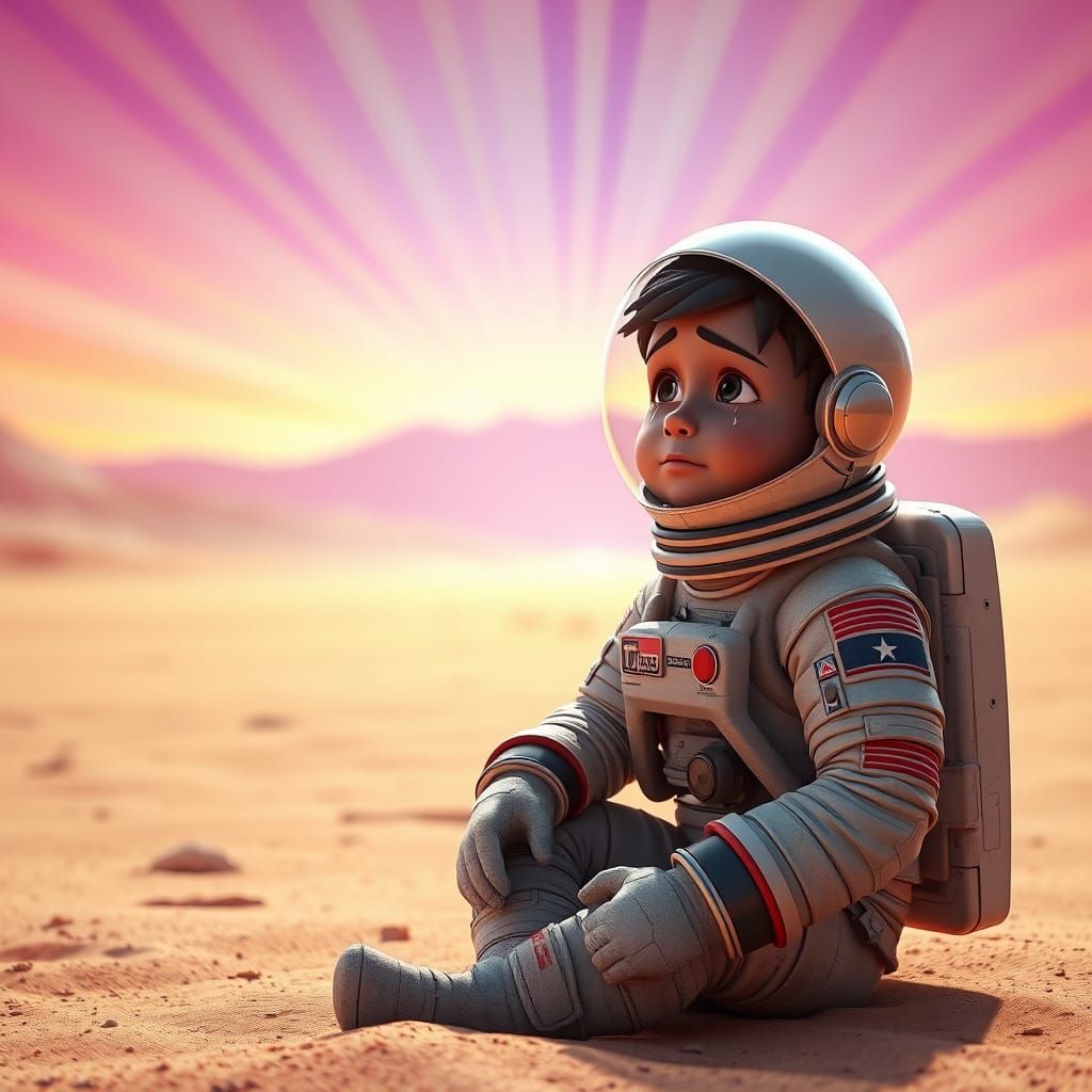 Young Astronaut Overwhelmed in the Desert Cosmos