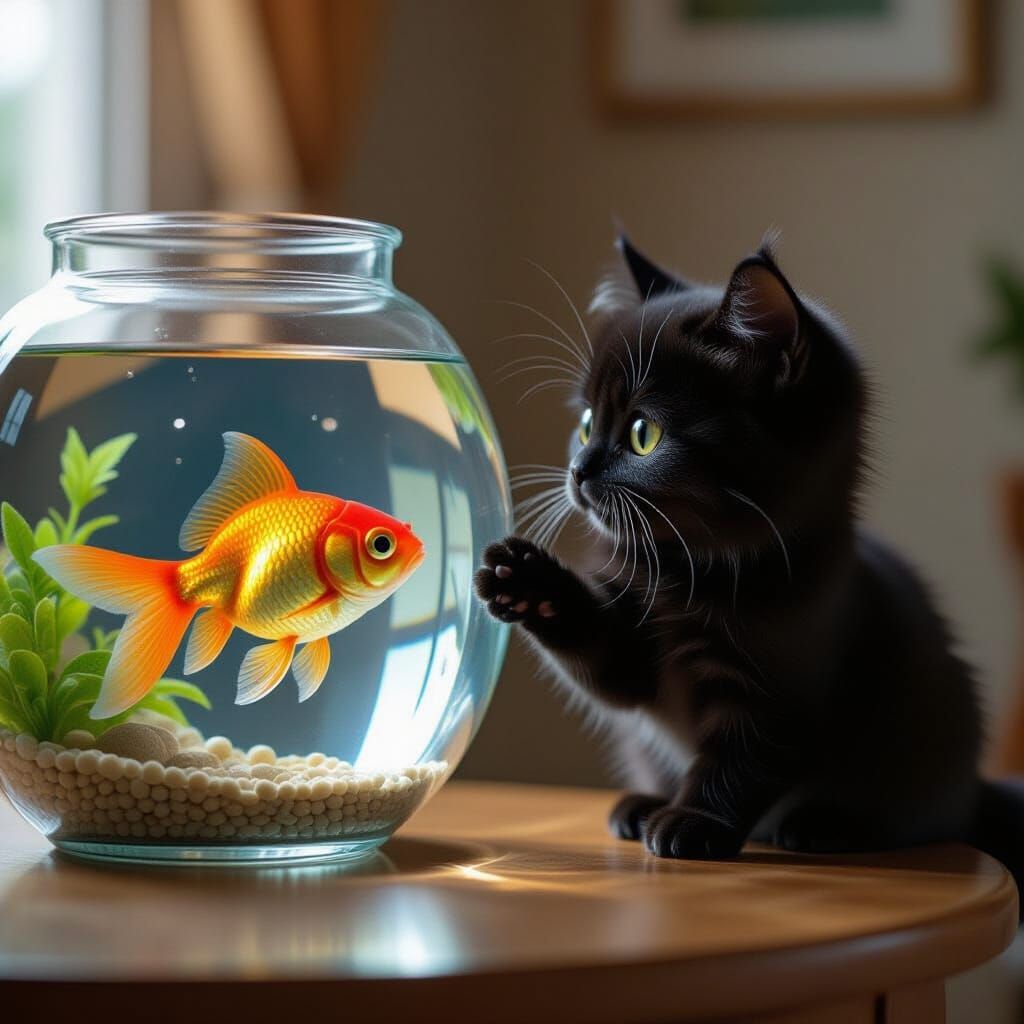 Chibi Black Cat Observes Goldfish in Tank