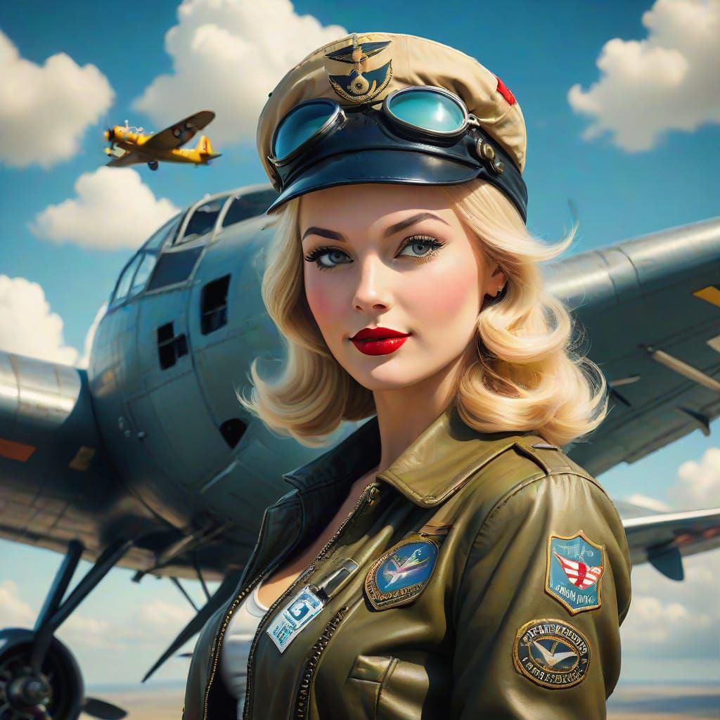 Vintage Pin-Up Pilotess on Bomber Plane in Retro Style