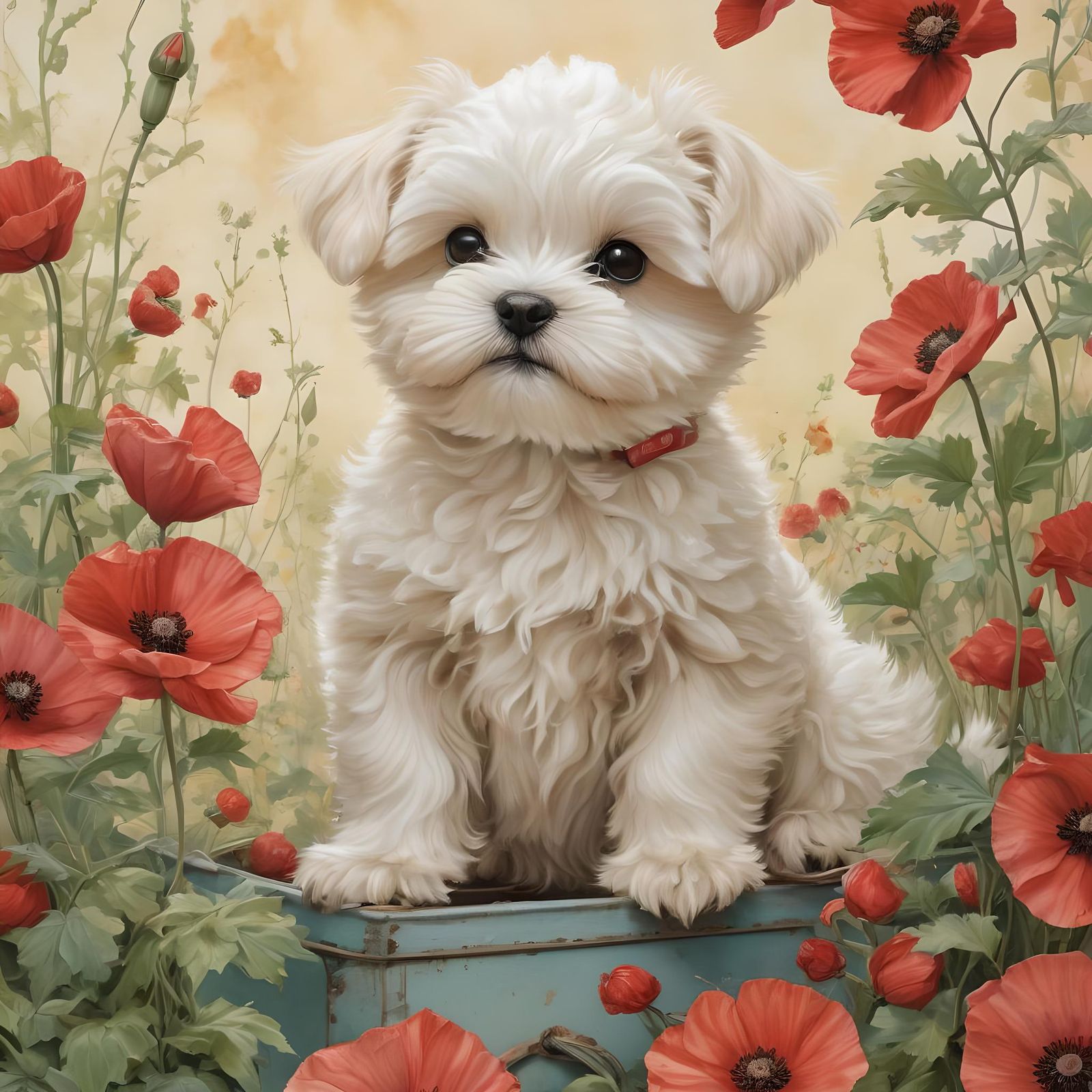 Puppy in Poppy Garden: Whimsical Fine Line Engraving