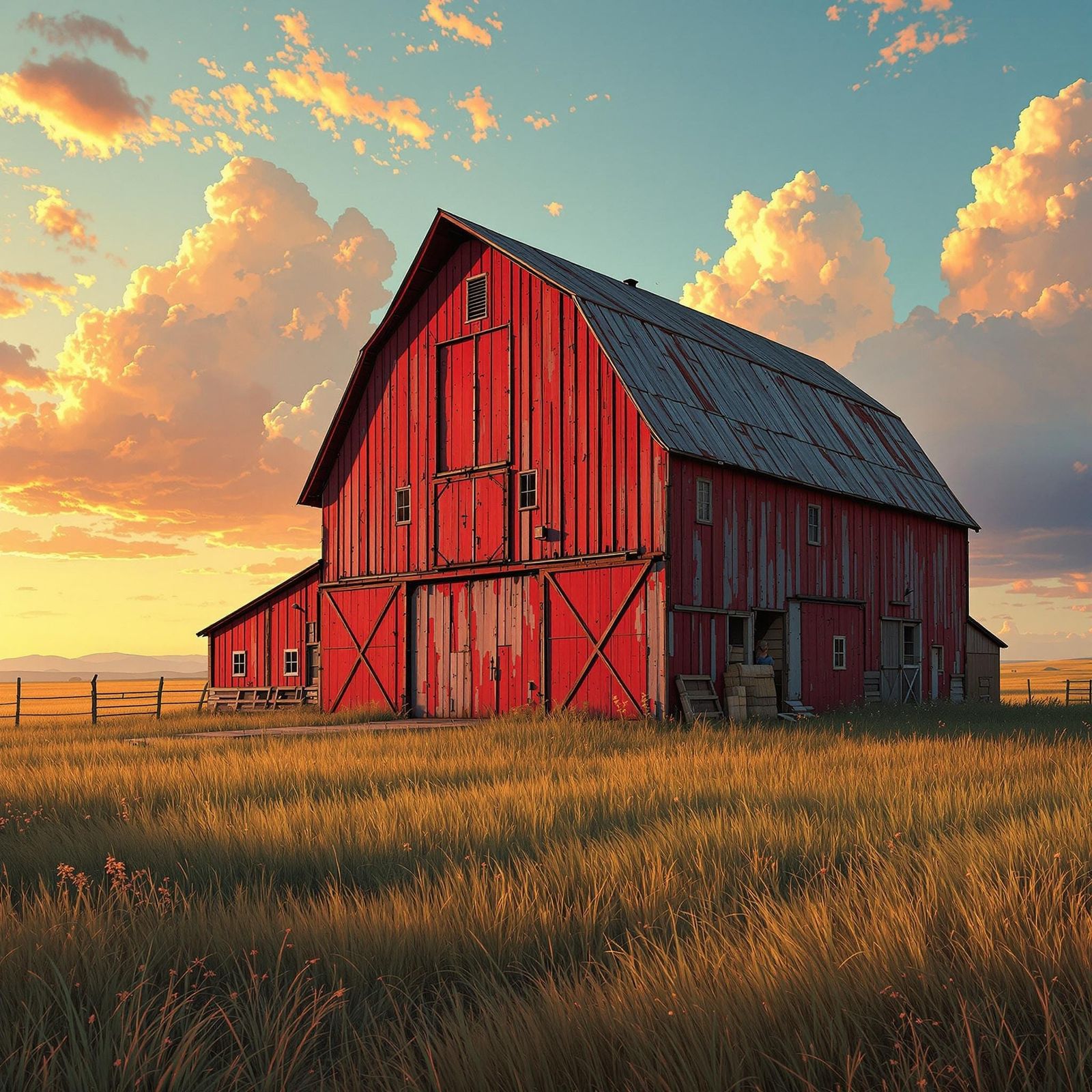 Vintage Red Barn at Sunset in Art Nouveau Style