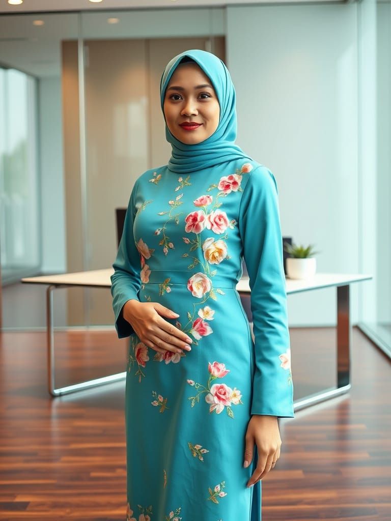 Modern Malay Woman in Turquoise Baju Kurung Exudes Professio...
