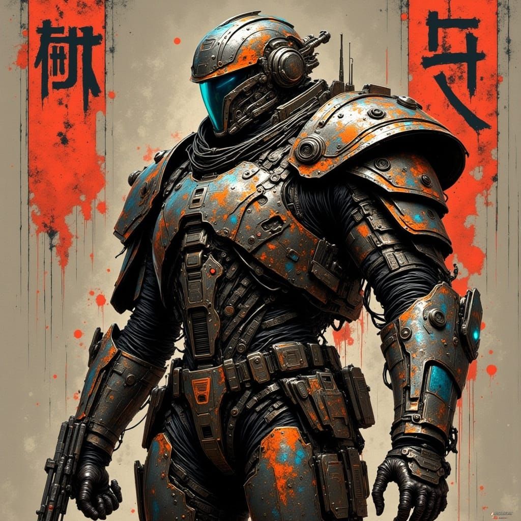 Cyberpunk Soldier with Graffiti Armor