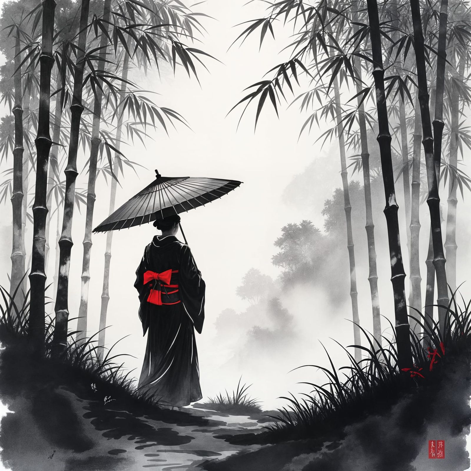 Bamboo Forest Ink Wash Painting with Figure