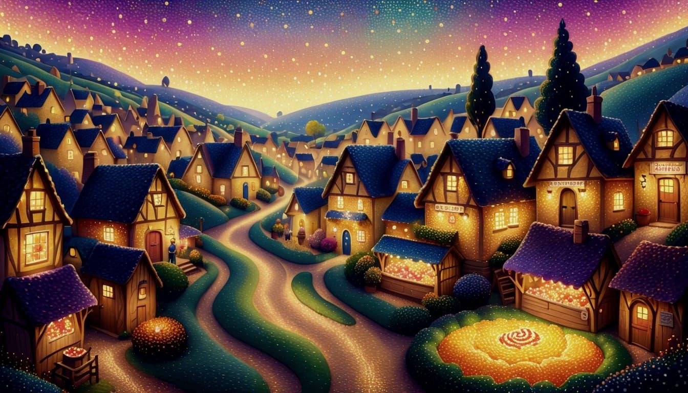 Magical Popcorn Village in Pointillism Style