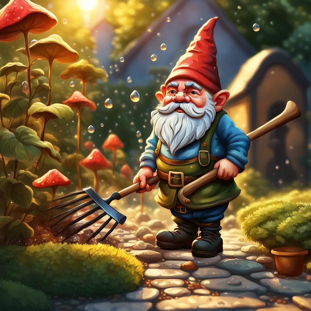 Grumpy Gnome Raking: Baroque Cinematic Digital Painting