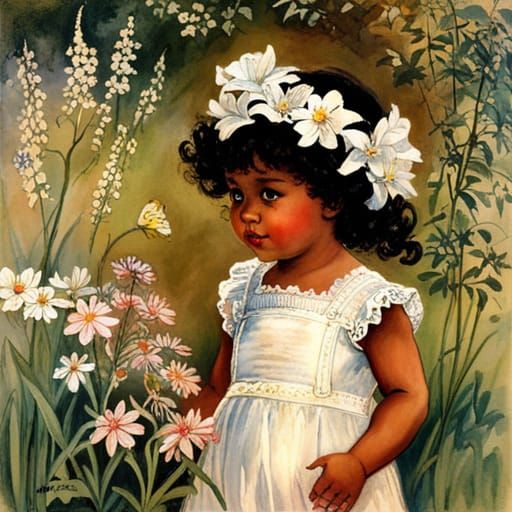 Girl in Wildflower Garden, Golden Age Illustration