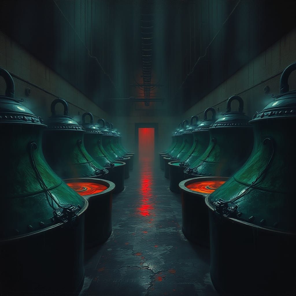 Eerie Reservoirs in Dimly Lit Gothic Chamber