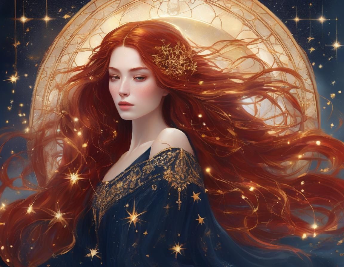 Enchanting Woman with Red Hair and Golden Stars