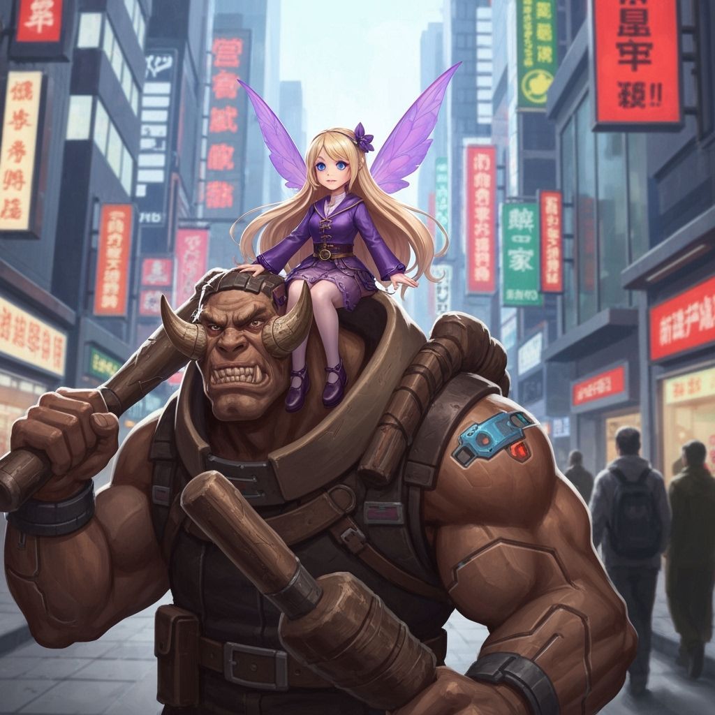 Fairy Mage on Cyberpunk Ogre in Busy City