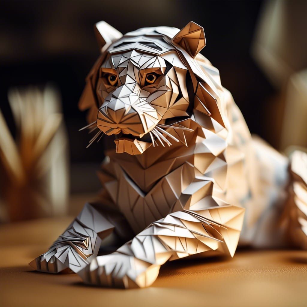Hyperdetailed Origami Paper Tiger on a Desk