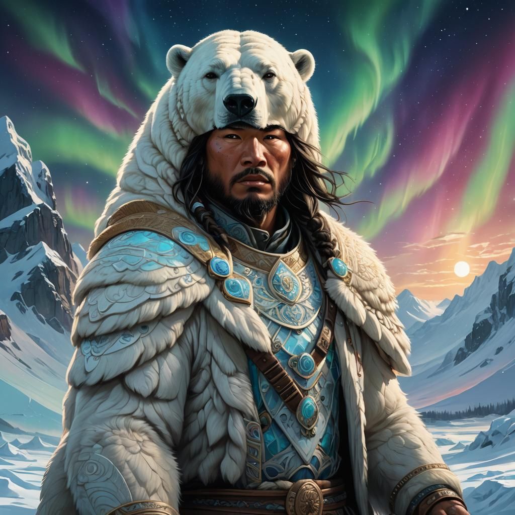 Mythic Inuit Warrior on Polar Bear, Aurora Landscape