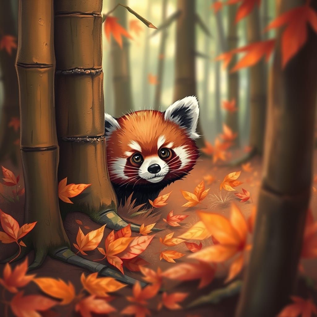 Red Panda Peeking from Bamboo in Autumn Forest