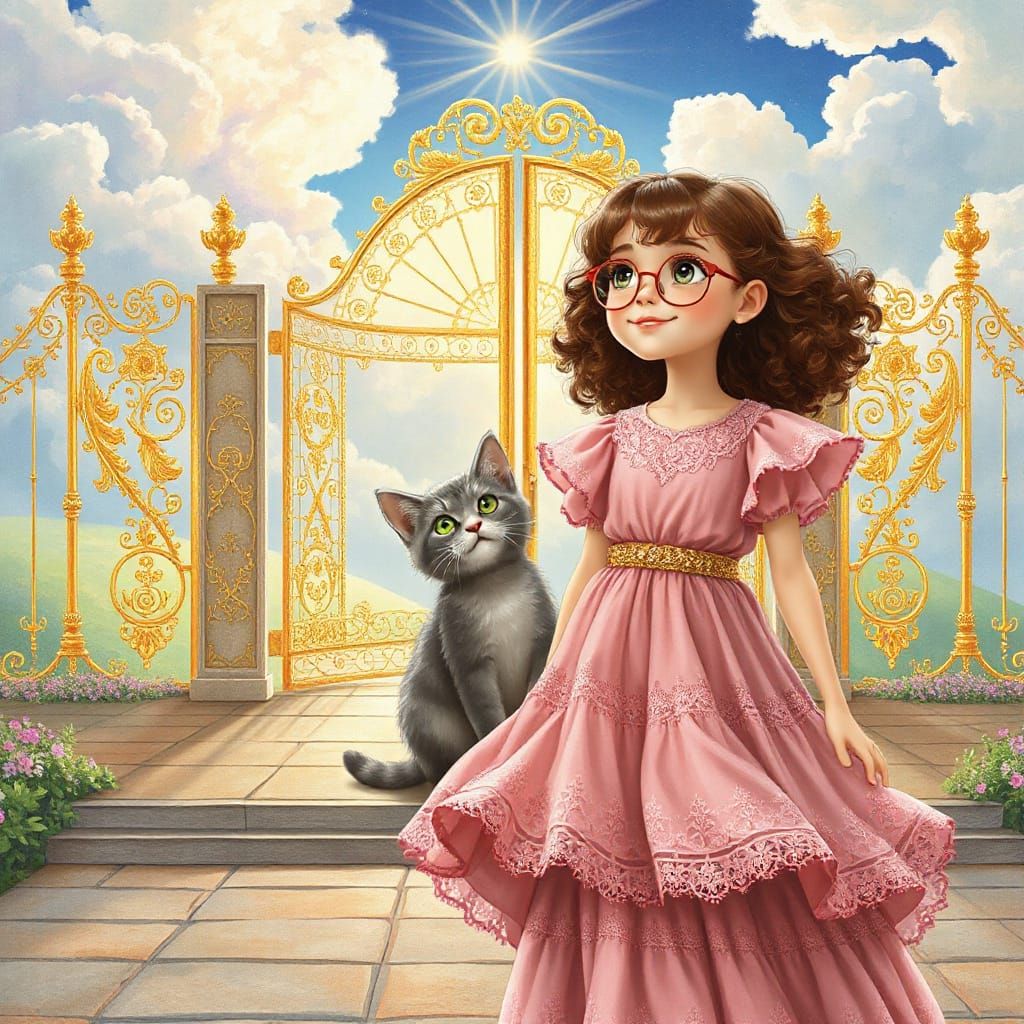 Girl in Long Pink Gown and Kitten at Heavenly Gates