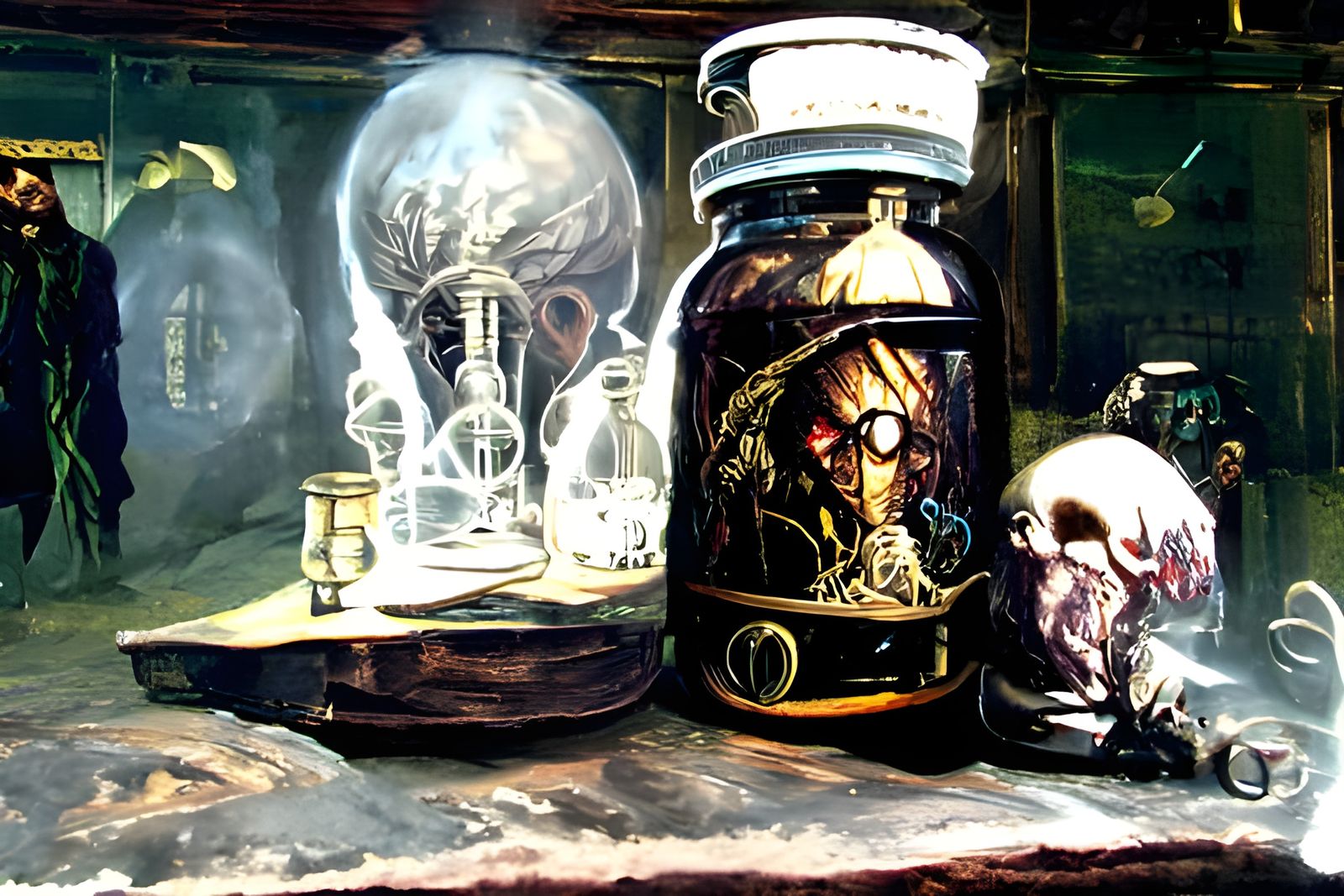 Brain in Jar Steampunk Horror, Oil on Canvas